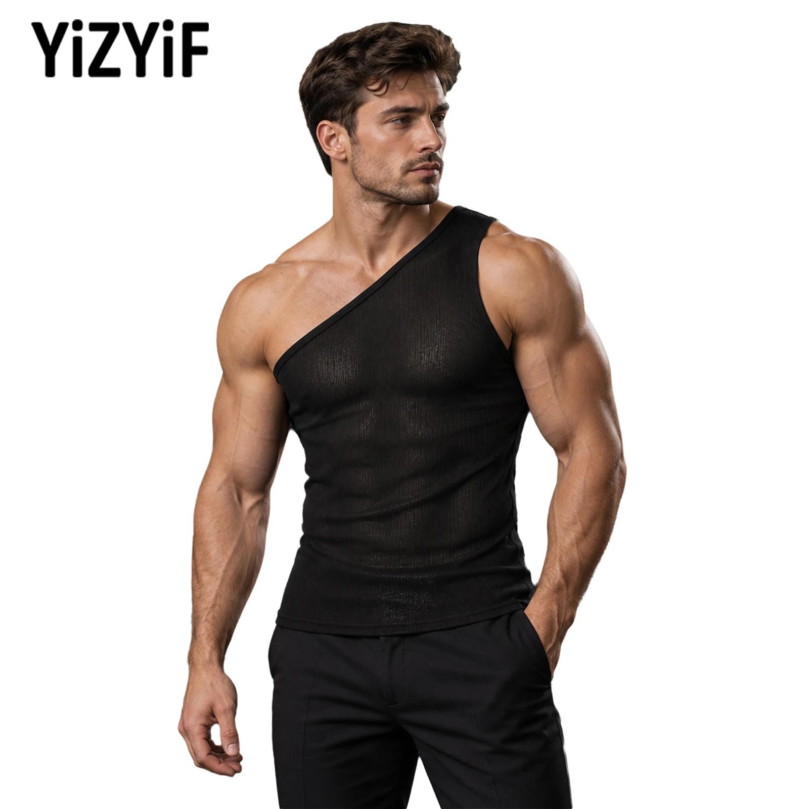 Tank Top Ribbed - Men Asymmetrical One-shoulder Sports Vest Sleeveless